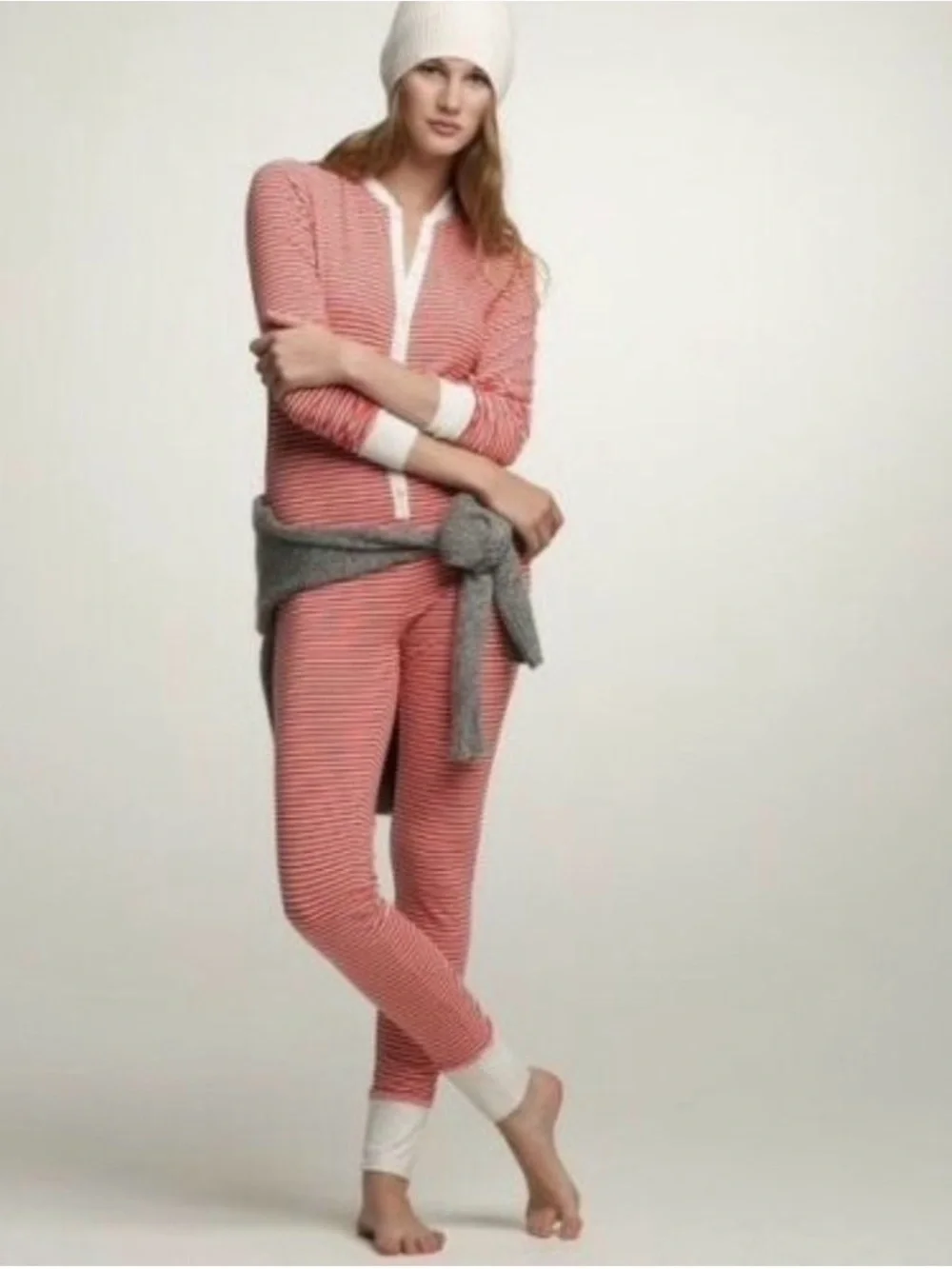 J. CREW Sm Christmas Red White Stripe Cotton Union Suit Onesie Pajamas Lounge